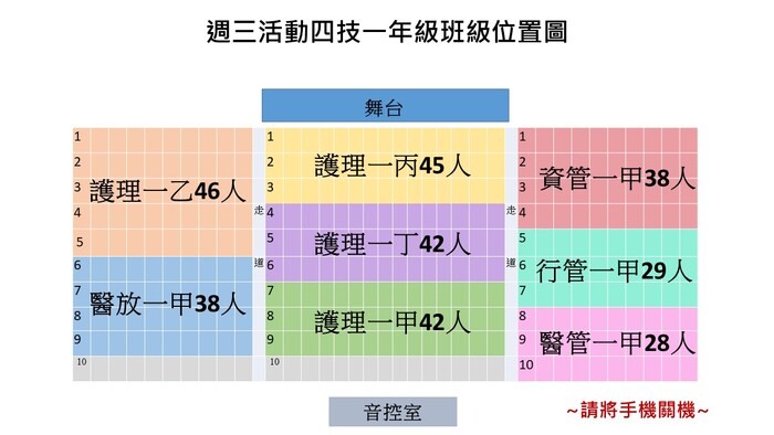 【人文社會學科公告】四技一年級3/9、4/6週三班會講座班級座位圖圖片