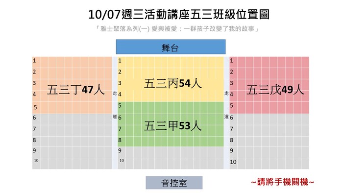 【人文社會學科公告】10/7週三活動講座 五三班級座位圖圖片